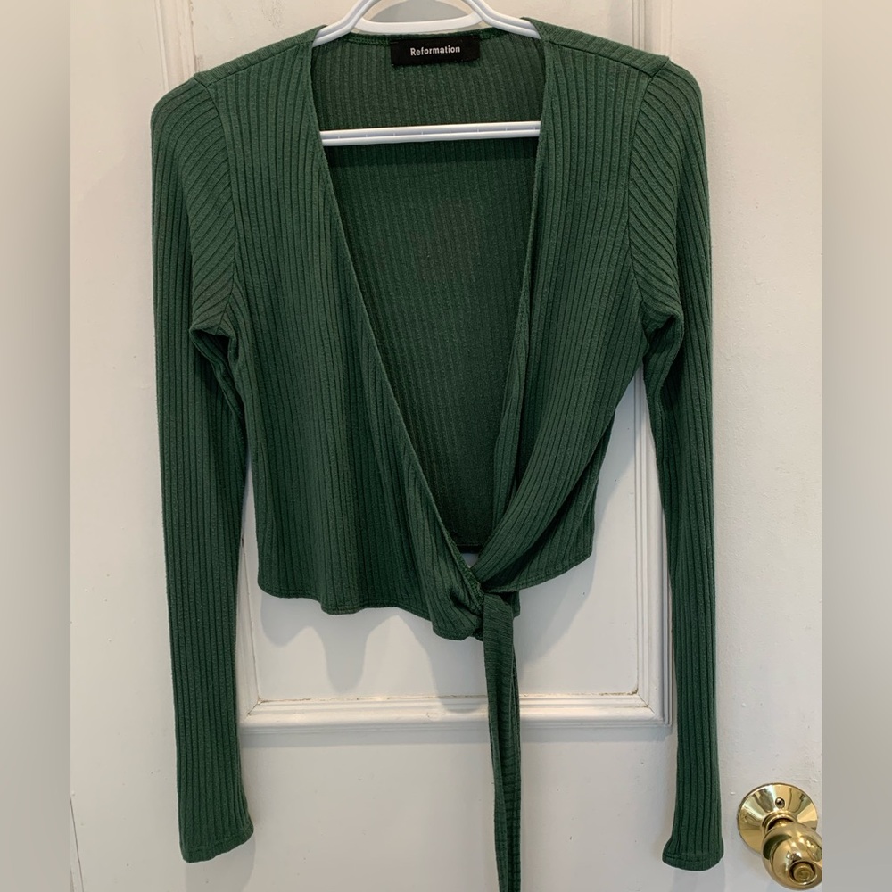 Reformation Deep Green Ribbed Tie-Front Top